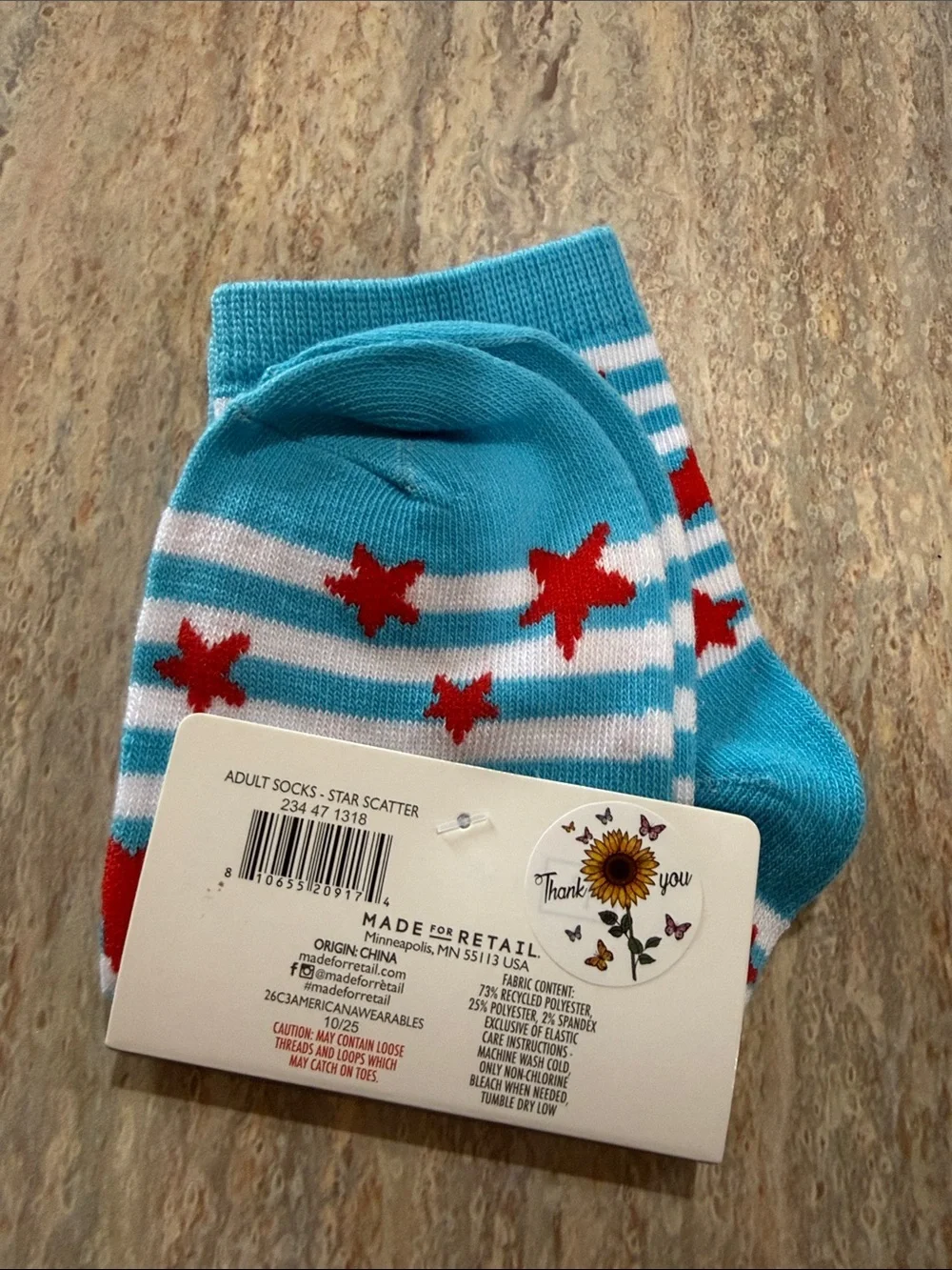 Striped Aqua & White Socks with Red Stars